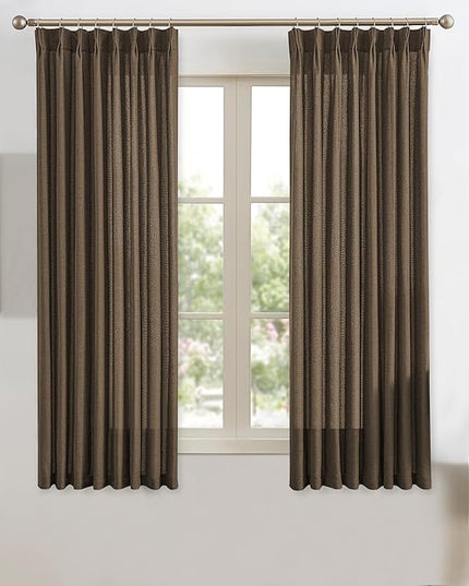 Brown Pleated Linen Curtains 45 Inches Long Farmhouse Semi Sheer Memory Trained Shape Pinch Pleat Drapes with Hooks Back Tab Ripple Fold Curtain for Bedroom Living Room 42x45