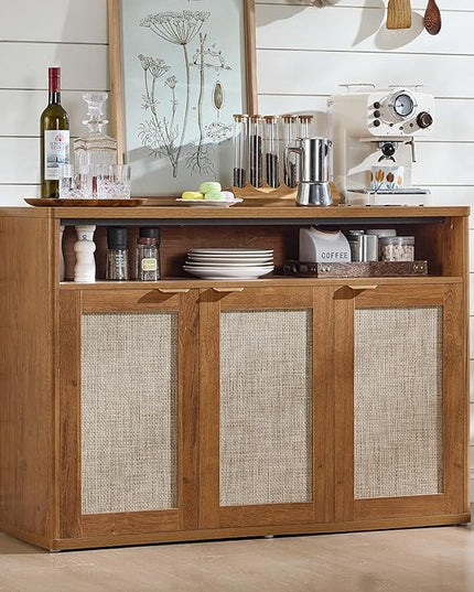 LEYAOYAO Rattan Sideboard Buffet Cabinet,45" Coffee Bar Cabinet with 3 Doors & Open Storage Shelf,Modern Credenza Console Table for Living Room Rattan Farmhouse entryway Brown
