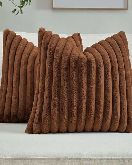 FUTEI Rust Throw Pillow Covers Set of 2, 16x16 Inch Striped Texture Cushion Cases with Soft Faux Rabbit Fur Front & Velvet Back, Modern Decorative Couch Pillows for Living Room