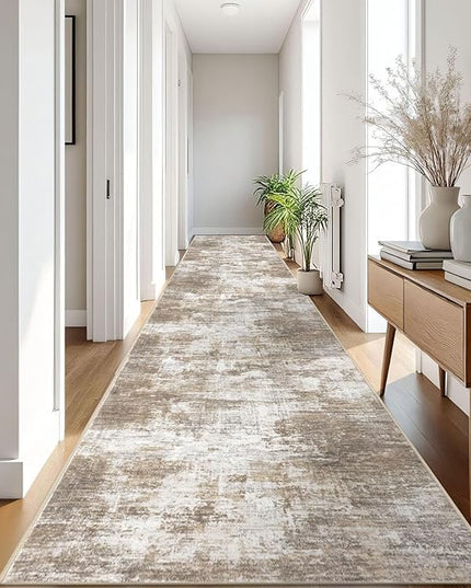 IOHOUZE Abstract Runner Rug 3x18 Ft Extra Long Washable Runners for Hallways, Non Slip Kitchen Runner Printed Faux Wool Entryway Runner Indoor, Modern Abstract Floor Carpet for Hall Stair, Beige Brown
