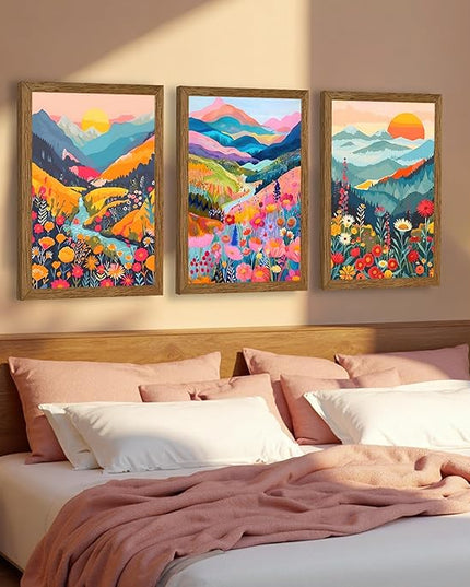 InspiredHues Colorful Mountain Boho Canvas Wall Art Set, 3 Piece Watercolor Flower Picture Wall Decor, Abstract Nature Landscape Artwork Prints for Living Room Bedroom Office 16x24 In Wood Framed