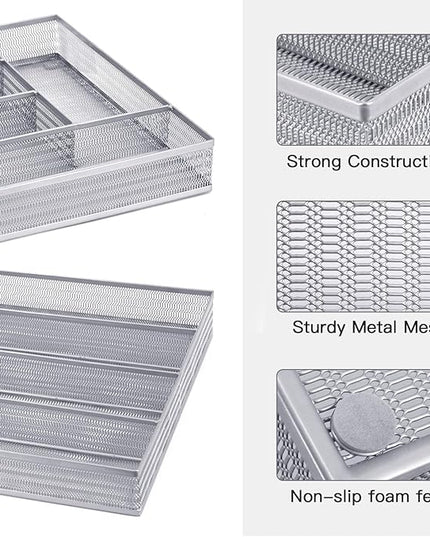 Neudeco Drawer Organizer Set 6 Pack - 5-Compartment Silverware Organizer Tray + 5 Utensil Trays, Kitchen Drawer Organizer for Flatware, Cutlery, Office Supplies, Silver Mesh, Non-Slip