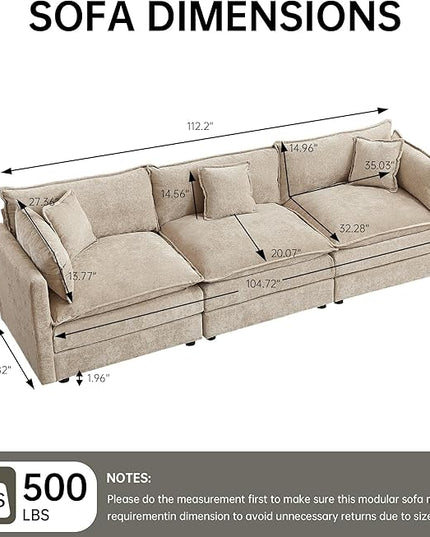 Modular Sectional Sofa, 112.2 Inch Rectangle Shaped Couch Set with Armrests, 3-Seater Comfy Cloud Couches for Living Room Apartment, Coffee