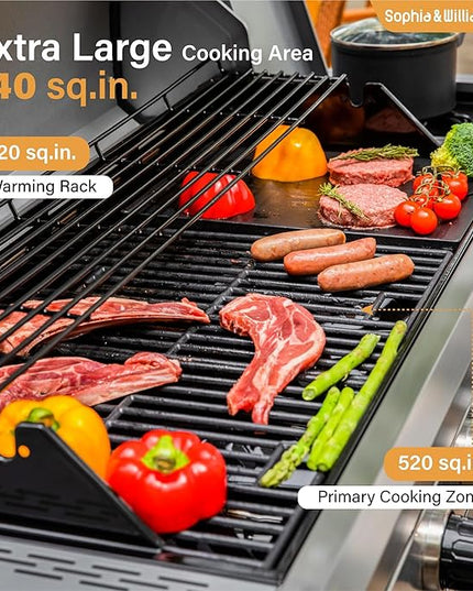 Sophia & William 6-Burner Propane Gas BBQ Grill with Side Burner & Porcelain-Enameled Cast Iron Grates, Gas Grill Griddle Combo for Outdoor Cooking, Barbecue Events, 740 SQ.IN. Cooking Area, Black