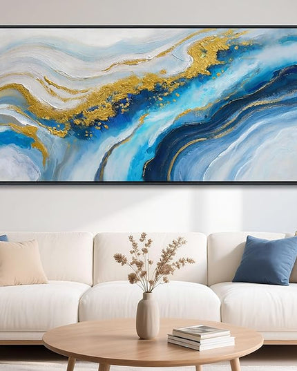 Blue Wall Art for Living Room - Abstract Canvas Wall Art, Modern Gold Painting, Office, Above Bed Wall Decor, Large Pictures for Bedroom Framed Artwork for Walls 29×58IN