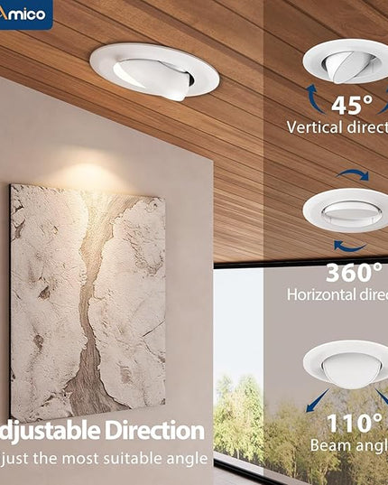 Amico 12 Pack 4 Inch Retrofit Eyeball Gimbal Can Lights, Adjustable Eyeball Directional 5CCT LED Recessed Lights, Dimmable, 2700K/3000K/3500K/4000K/5000K Selectable, 7W 650LM, ETL&FCC