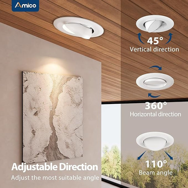 Amico 12 Pack 4 Inch Retrofit Eyeball Gimbal Can Lights, Adjustable Eyeball Directional 5CCT LED Recessed Lights, Dimmable, 2700K/3000K/3500K/4000K/5000K Selectable, 7W 650LM, ETL&FCC