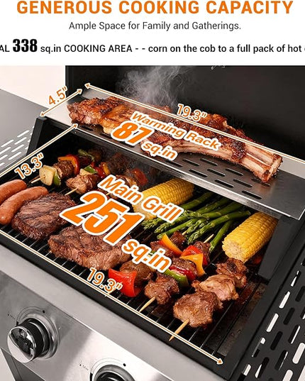 Stainless Steel 3-Burner Gas Grill, 25650 BTU Outdoor BBQ Grill with Side Table, 338 sq.in Cooking Area, Perfect for Patio, Deck & Family Barbecues
