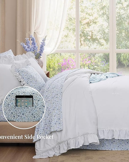 Full Comforter Set - 7 Pieces Ruffle White Bedding Sets, Shabby Chic Farmhouse Bed in a Bag Full with Ruffle Comforter, Floral Sheets, Pillowcases & Shams
