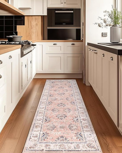 jinchan Fiora Long Hallway Runner Rug 2x12 Machine Washable Runner Rug Pink Vintage Floral Design Non-Slip Ultra-Thin for Kitchen Laundry Room Bedroom Farmhouse (2‘x12', Pink)