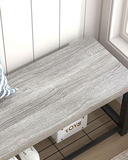 FOLUBAN Entryway Bench, Vintage Wood and Metal Storage Bench with Metal Shelf, Indoor Shoe Rack Bench Seat for Living Room, Bedroom, Hallway, Entrance, Light Grey, 47 Inch