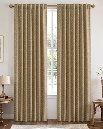 MIULEE Decorative Back Tab Linen Curtains with Geometric Pattern for Living Room Bedroom Farmhouse Rustic Thick Woven Textured Patterned Mudcloth Drapes 90 Inch Long 2 Panels Set, Khaki