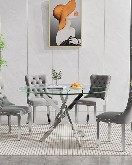 Round Glass Dining Table Set for 4, 47'' Clear Circular Kitchen Table and Chairs Set, 5PCS Modern Circle Dining Room Table Set with 4 Velvet Dining Chair for Home