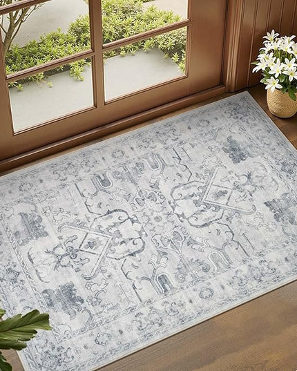 jinchan 2x3 Washable Rug for Entryway - Vintage Floral Ultra-Thin Low Pile Soft Small Non-Slip Distressed Indoor Doormat Accent Rug for Entrance Kitchen Bathroom Bedroom (2x3ft, Grey)