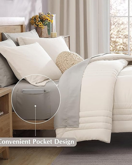 Monbix California King Size Comforter Set - 7 Pieces Bed in a Bag California King, White Bedding Sets with Comforter, All Seasons Down Alternative Comforter Bed Set with Sheets, Pillowcases & Shams
