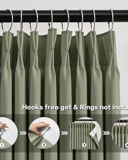 Sage Green Pinch Pleat Curtains 63 Inches Long Thermal Insulated Dark Black Out Short Drapery for Bedroom Light Blocking Window Covering Room Darkening Drapes for Living Room 40x63 2 Pieces