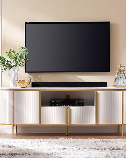 OKD Luxury 70" Fluted TV Stand, Modern Chic Entertainment Center for TVs Up to 80 inches, TV Console with Faux Marble Top, Curved Profile Design, Media Console for Living Room, Off White