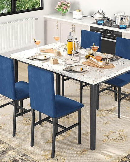 AWQM Dining Table Set for 4, Modern Marble Dining Table Set with 4 Upholstered Velvet Chairs,Dining Room Table Set for Kitchen, Breakfast Nook, Dining Room, Blue