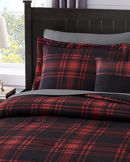 MaiRêve King Comforter Set, Classic Red Black Plaid Bedding Set 7 Pieces, Farmhouse Lightweight All Season Bed in a Bag with Sheets, Pillowcases & Shams