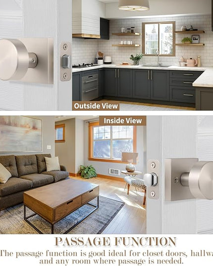 Passage Door Knobs Interior, Brushed Nickel Door Knob for Closet Doors and Hallway, Modern Interior Round Door Handles, Satin Nickel