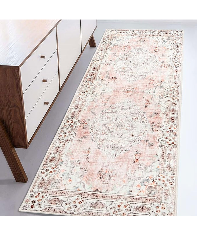 MUJOO Non Slip Boho Pink Runner Rug, Machine Washable for Hallways Entryway Kitchen Bathroom Bedside Retro Soft Low-Pile 2'x6' Blossom