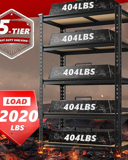 REIBII 2020LBS Storage Shelves 5 Tier Garage Shelving Heavy Duty Adjustable Garage Shelves, Utility Rack Shelf, Shelving Units for Storage Warehouse Pantry Closet, 35.5" W x 11.9" D x 72" H, Black