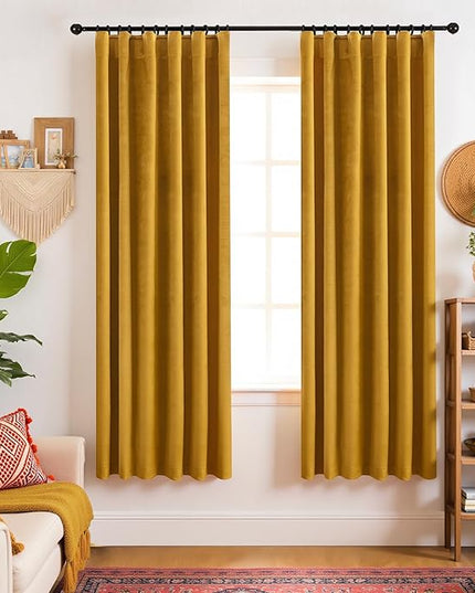 KOUFALL Colorful Boho Curtains 63 Inch Length for Living Room, Mustard Yellow Room Darkening Retro Mid Century Modern Accent Curtains for Bedroom 63 Inch Long 2 Panels Set
