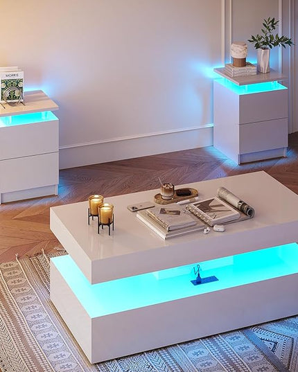 3-Piece Modern Living Room Table Set, Includes LED Coffee Table and End Tables Set of 2 with Storage Drawers, White