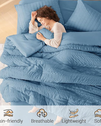 MUXHOMO 7 Pieces Full Comforter Set, Seersucker Bed in a Bag Full Size, All Season Luxury Bedding Set with Comforter, Flat Sheet, Fitted Sheet, Pillowcases & Shams, Mineral Blue