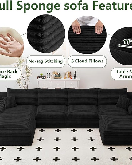 136" Cloud Couch Modular Sectional Sofa for Living Room, U-Shape Boneless Couch with Deep Seat, Modern Corduroy 4-Seater with Ottoman, No Assembly Required (Black,Left-Facing Chaise)