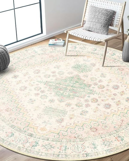 MUJOO Round Rugs 6ft,Circle Area Rug Washable,Circular Rugs for Living Room Dining Room,Large Boho Non Slip Throw Carpet Light Pink and Green