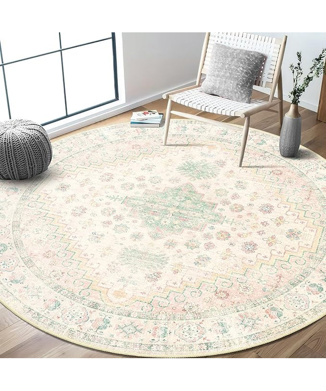 MUJOO Round Rugs 6ft,Circle Area Rug Washable,Circular Rugs for Living Room Dining Room,Large Boho Non Slip Throw Carpet Light Pink and Green