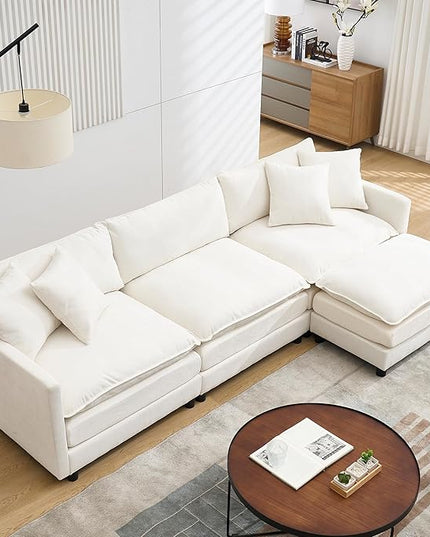 Modular Sectional Sofa,108.27'' Modern Corduroy Sofa Set for Living Room with 3 Seat & 1 Ottoman & 3 Pillows, Comfy Cloud Couches with Movable Ottoman, DIY Combination, Chenille (Beige, L Shaped)