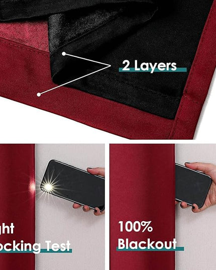 ChrisDowa 100% Blackout Curtains for Bedroom with Black Liner, 2 Thick Layers Total Blackout Thermal Insulated Grommet Window Curtains 2 Panels Set (Burgundy, 42 x 63 Inch)