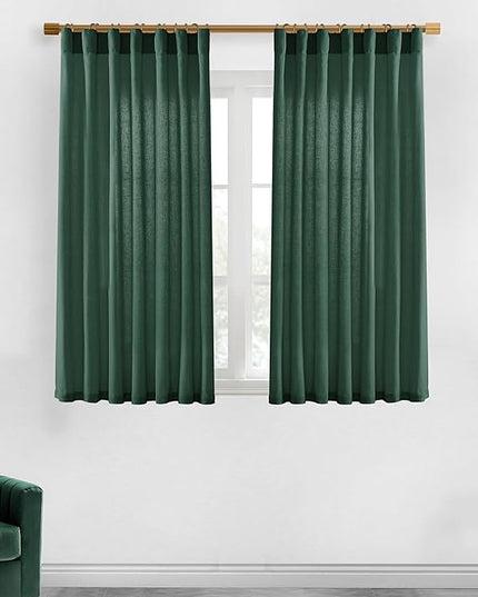 XTMYI Emerald Dark Green Back Tab/Hook Belt Linen Cotton Sheer Curtains for Bathroom 45 Inch Length