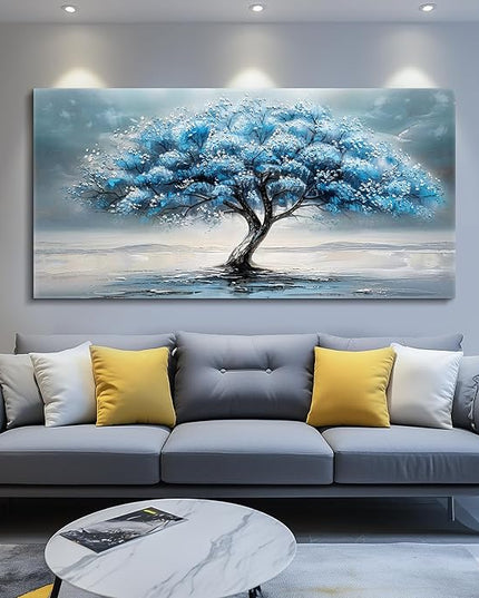 FUHAIHUA Canvas Wall Decor For Living Room Wall Art For Bedroom Large Size Office Decorations Blue Tree Paintings Abstract Wall Pictures Artworks ReadyTo Hang Dormitory Home Decoration 20"X40"