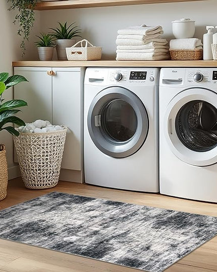 IOHOUZE Abstract Runner Rug 2x5 Ft Washable Runners for Hallways, Non Slip Kitchen Runner Printed Faux Wool Entryway Runner Indoor, Modern Abstract Floor Carpet for Hall Kitchen Bedroom, Black Grey