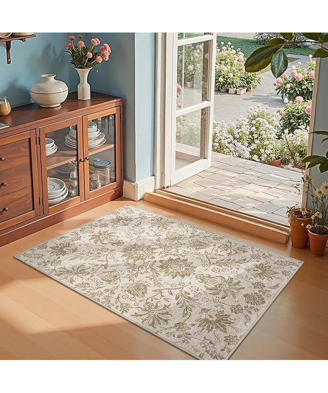 jinchan Torino 3x5 Area Rugs for Entryway, Vintage-Inspired Floral Neutral Design Washable Non-Slip Low-Pile Rug, Ultra-Thin Indoor Traditional Accent Carpet for Entrance Bedroom Hallway, Taupe