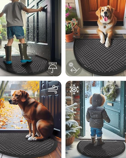 Smiry Half Circle Front Door Mat Outside Entrance, Heavy Duty Outdoor Indoor Natural Rubber Doormat, Non Slip, Trap Dirt and Moisture, Easy Clean, Low Profile Patio Porch Entryway Mat, 29.5x17, Grey