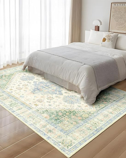 MUJOO 5x7 Area Rugs Washable,Boho Rug for Living Room Bedroom Dining Room Office,Large Throw Carpet,Non Slip Big Soft Indoor Low Pile Light Green and Blue