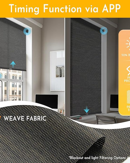 Persilux Smart Motorized Blinds with Remote, No Drill Automatic Roller Shades for Indoor Windows, Light Filtering Linen Fabric, Electric Blinds for Windows, Weave Blend Coal C162-8, Custom Size