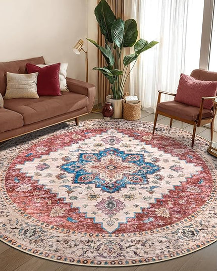 Ciicool Boho Area Rug Washable 6x6ft Round Bedroom Rug Non-Slip Oriental Throw Rug Low-Pile Floor Carpet for Dining Room Living Room