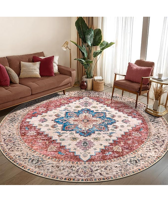 Ciicool Boho Area Rug Washable 6x6ft Round Bedroom Rug Non-Slip Oriental Throw Rug Low-Pile Floor Carpet for Dining Room Living Room