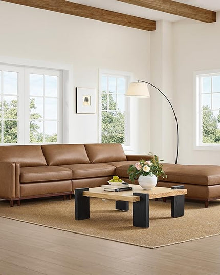 CHITA 118" Super Large Luxury L Shape Convertible Sectional Modular Sofa, FSC Certified Down Filled Modern Sofa, Deep Seat Cloud Couch, 5 Seat Couch with Chaise, Solid Wood Leg, Faux Leather in Camel