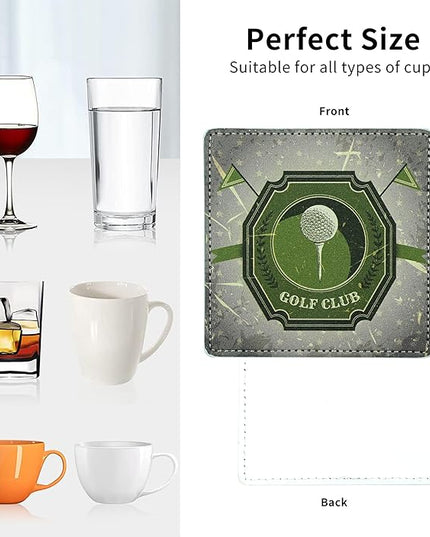 Marble Coasters Square Leather Drinks Coaster Set with Holder for Coffee Table Bar Home Decor 4 Inches Set of 6 (Golf, One Size)