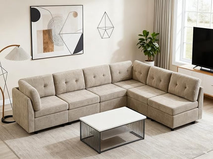 VANOMi 6 Seater Modular Cloud Sofa, 118" Convertible Sectional Cloud Sofas & Couches for Living Room, Comfy Chenille Sectional Couch Sofa for Living Room, Apartment, Office, Camel, L/U Shaped