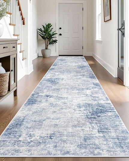IOHOUZE Abstract Runner Rug 3x14 Ft Washable Runners for Hallways, Non Slip Kitchen Runner Printed Faux Wool Entryway Runner Indoor, Modern Abstract Floor Carpet for Hall Stair, Light Blue White