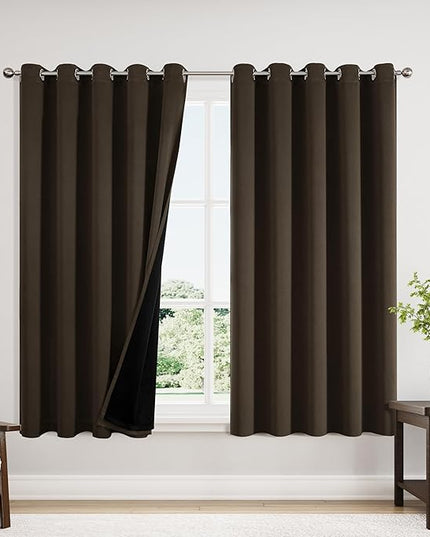 ChrisDowa 100% Blackout Curtains 63 inch Long for Bedroom with Black Liner, Extra Wide 2 Thick Layers Total Blackout Thermal Insulated Grommet Window Curtains 2 Panels Set (Brown, 60 x 63 Inch)