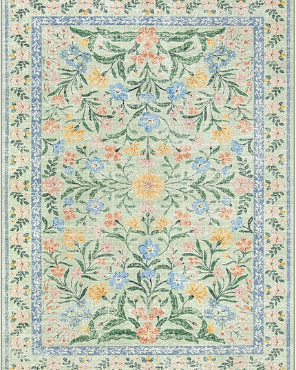 Wonnitar Machine Washable Area Rugs 9x12, Soft Sage Green Floral Rug for Living Room Bedroom, Ultra-Thin Large Foldable Boho Carpets for Playroom Classroom Dining Room