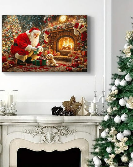 YONICA Christmas Wall Decor Santa Canvas Wall Art Home Decorations 32x24 Inches - Santa Pictures Christmas Pine Tree Pet Dog Prints Winter Painting Xmas Artworks for Living Room Bedroom